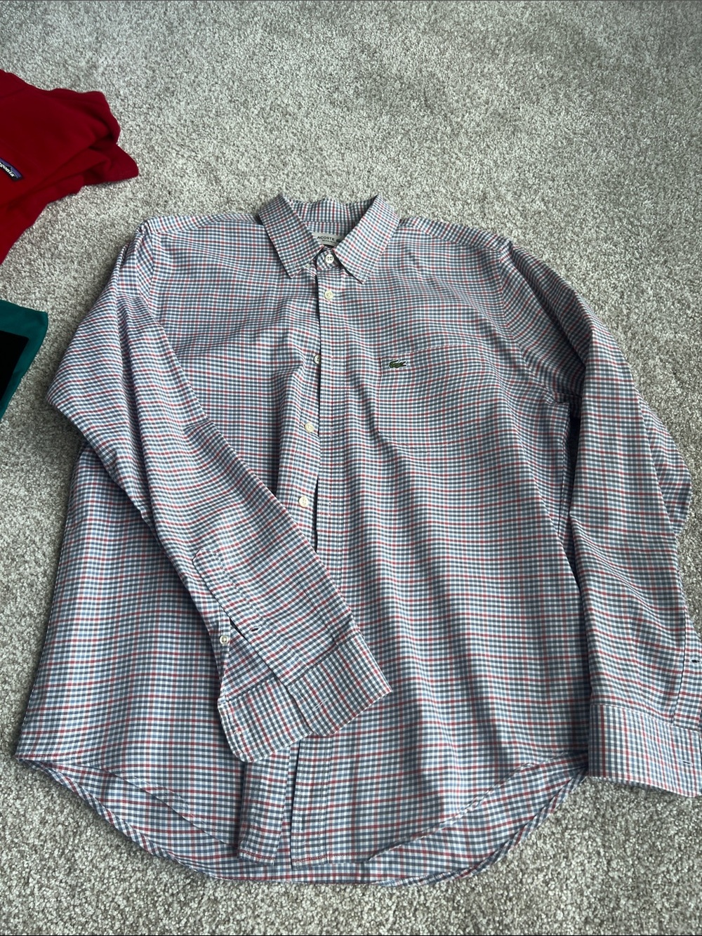 Lacoste Men's Green-Accented Red and Blue Micro-Check Dress Shirt